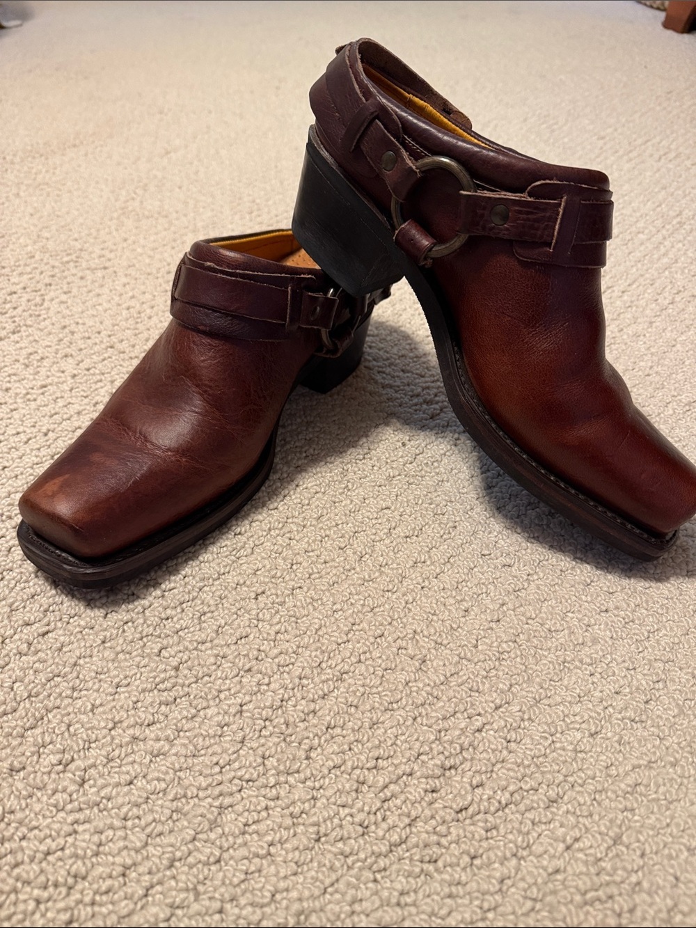 Frye Brown Leather Heeled Mule Boots- Women’s